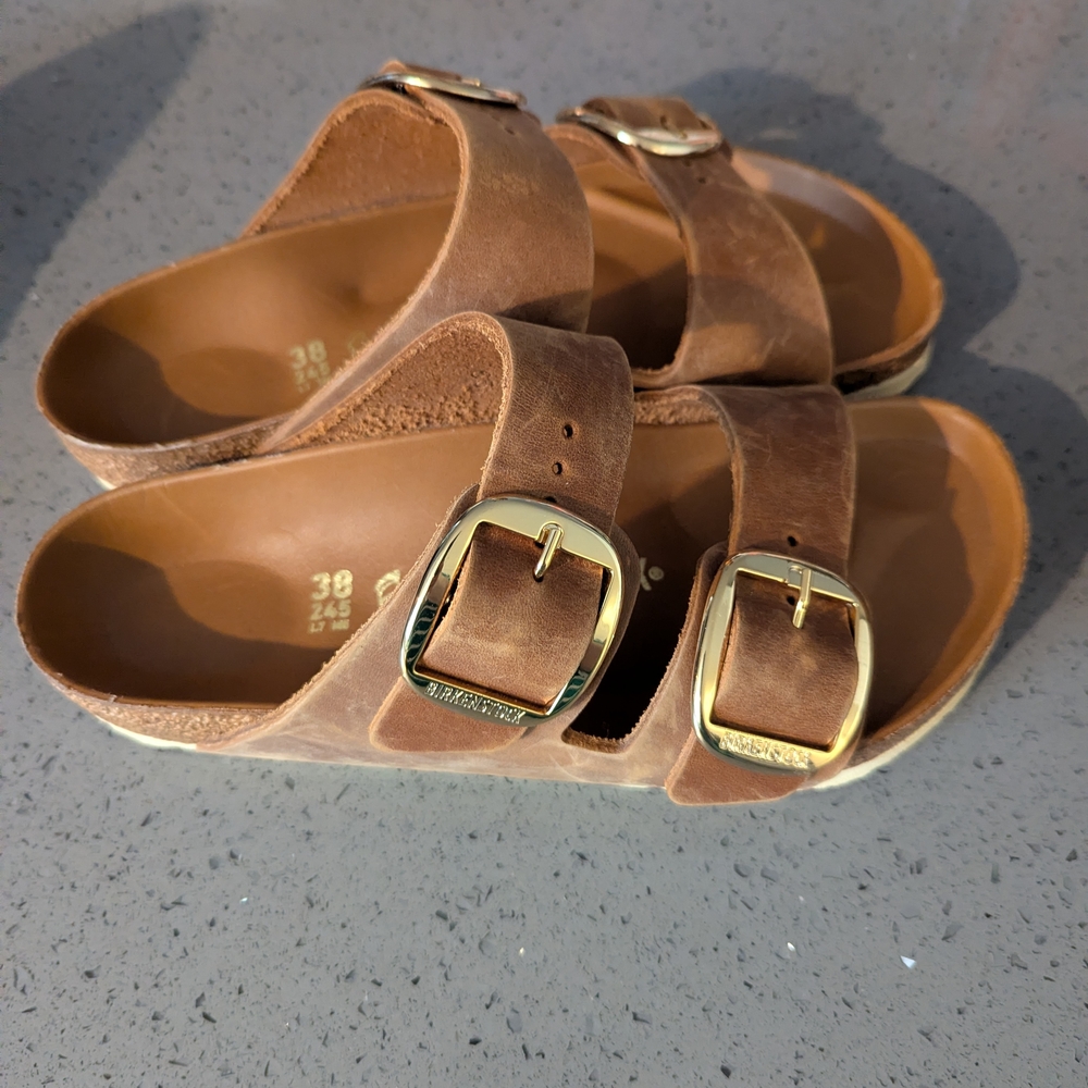 Brown Leather Sandals with Gold Buckles - Picture 2 of 6